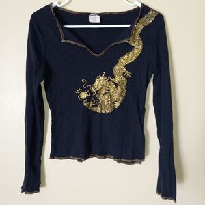 EYESHADOW Black Long-Sleeved Top with Gold Embellished Dragon Women's L